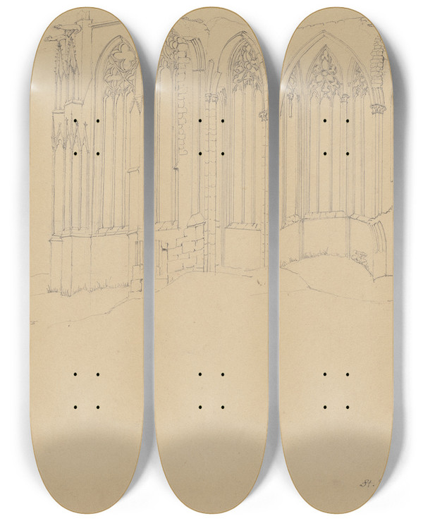 Triptych art skateboard deck of Friedrich Wilhelm Ludwig Werner Chapel In Bacharach by Friedrich Wilhelm Ludwig (1828)