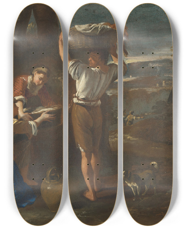 Triptych art skateboard deck of Michelangelo Cerquozzi Washerwomen At The Well by Michelangelo Cerquozzi (1602-1660)