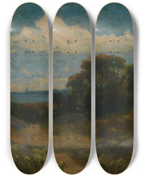 Triptych art skateboard deck of Edward Mitchell Bannister Landscape Trees And Rocks By Lake by Edward Mitchell Bannister (1828-1901)