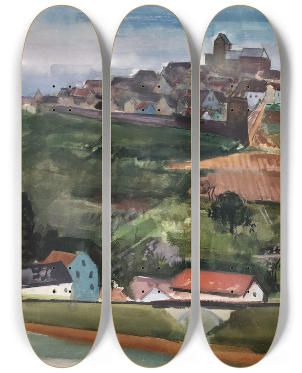 Triptych art skateboard deck of Otto Geigenberger Neuleiningen In Der Pfalz by Otto Geigenberger (1881-1946)