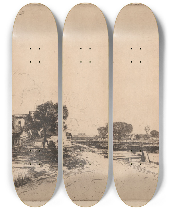 Triptych art skateboard deck of David Young Cameron A Border Town by David Young Cameron (1865-1945)