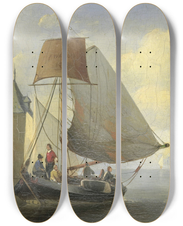Triptych art skateboard deck of Antonie Waldorp Riviergezicht Met Een Waltoren Genspireerd Op De Camperveerse Toren Te Veere by Antonie Waldorp (1803-1866)