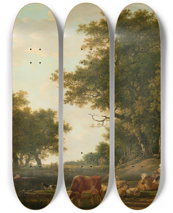 Triptych art skateboard deck of Jacob Van Strij Landscape With Peasants With Their Cattle And Anglers On The Water by Jacob Van Strij (1756-1815)