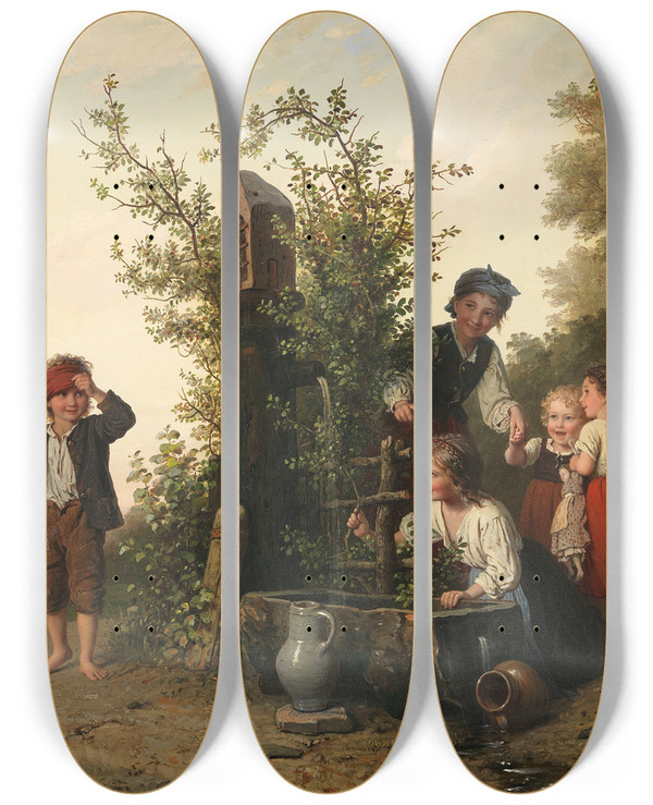 Triptych art skateboard deck of Johann Georg Meyer Von Bremen Das Blindekuhspiel by Johann Georg Meyer Von Bremen (1813-1886)