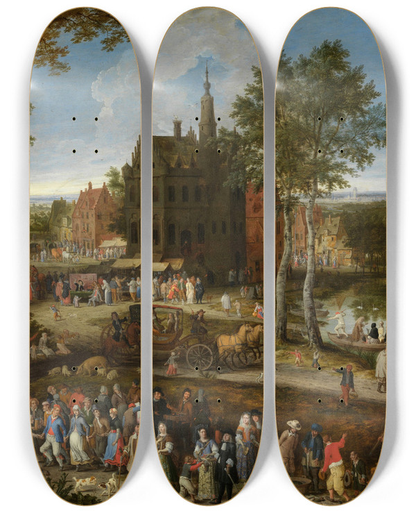 Triptych art skateboard deck of Peeter Gijsels Flemish Kermis by Peeter Gijsels (1621-1690)