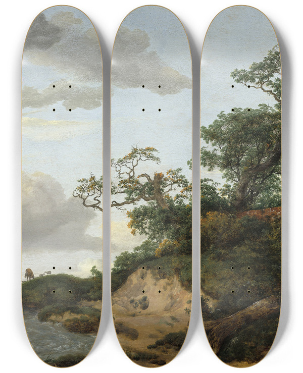 Triptych art skateboard deck of Jacob Van Ruisdael Dunes By The Sea by Jacob Van Ruisdael (1628-1682)