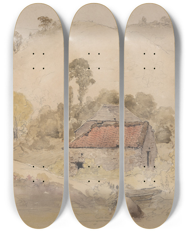 Triptych art skateboard deck of Samuel Palmer The Barns_2 by Samuel Palmer (1805-1881)