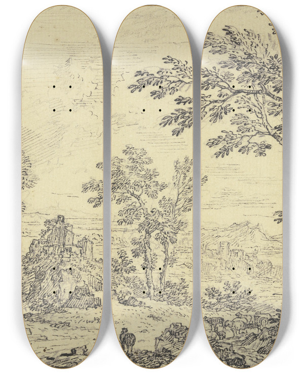 Triptych art skateboard deck of Jan Van Huysum Landschaft Mit Ruinen Vorne Rechts Ein Schafhirte by Jan Van Huysum (1682-1749)