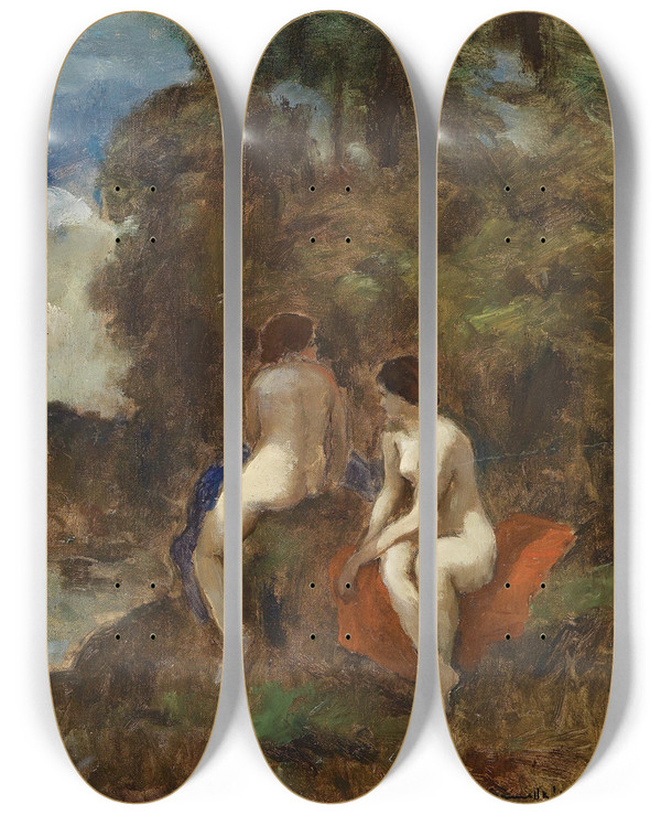 Triptych art skateboard deck of Bela Ivanyigrnwald Zwei Nackte Am Teich by Bela Ivanyi-Grnwald (1867-1940)