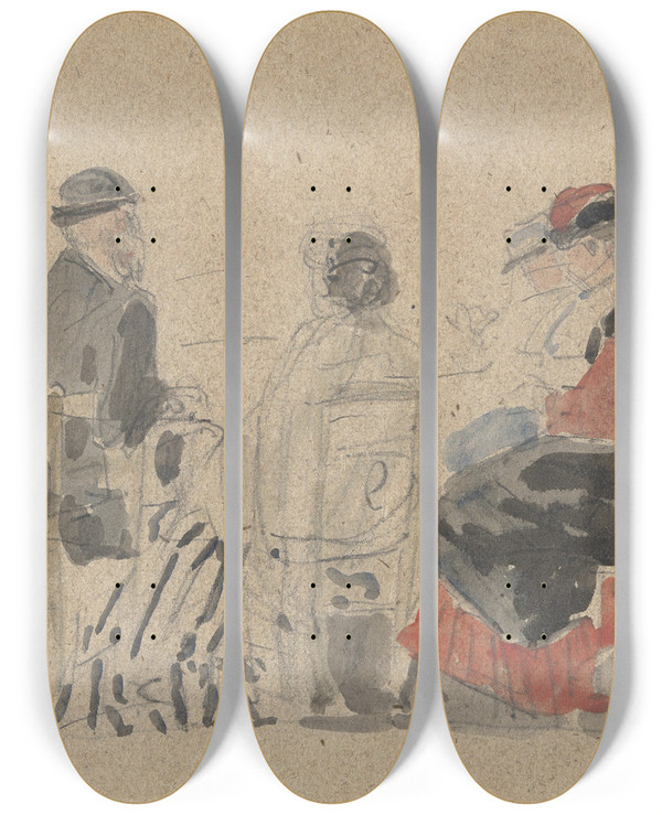 Triptych art skateboard deck of Eugne Boudin Conversation On The Beach by Eugene Boudin (1824-1898)