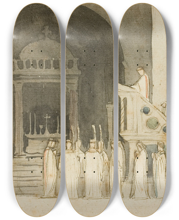 Triptych art skateboard deck of Dominique Louis Papety Altar Of The Heavens by Dominique Louis Papety (1815-1849)