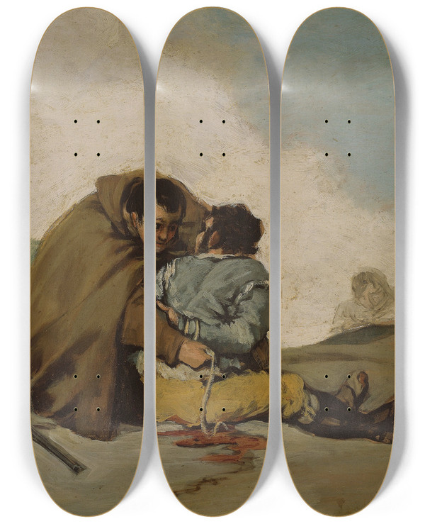Triptych art skateboard deck of Francisco De Goya Friar Pedro Binds El Maragato With A Rope by Francisco de Goya (1746-1828)