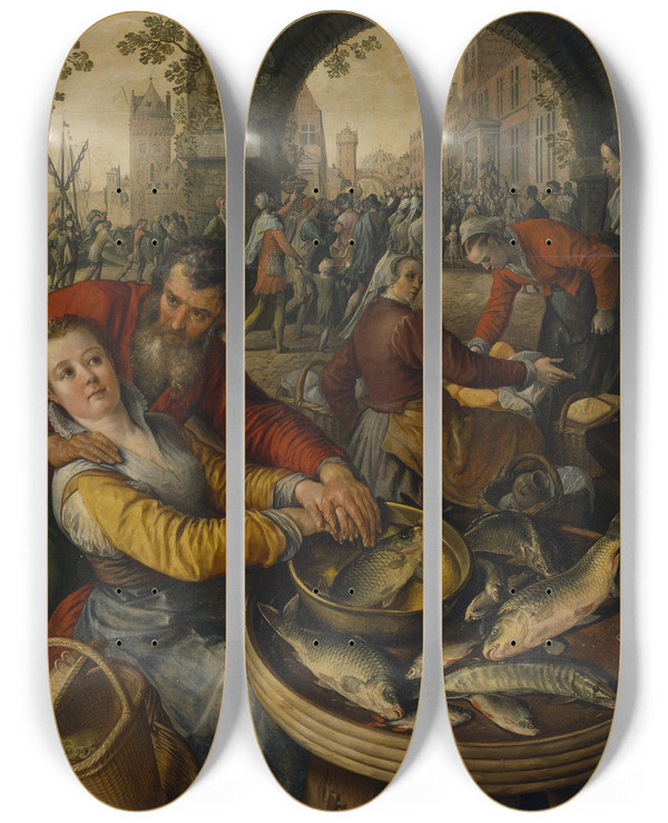 Triptych art skateboard deck of Joachim Beuckelaer Fish Market With Ecce Homo by Joachim Beuckelaer (1530-1574)