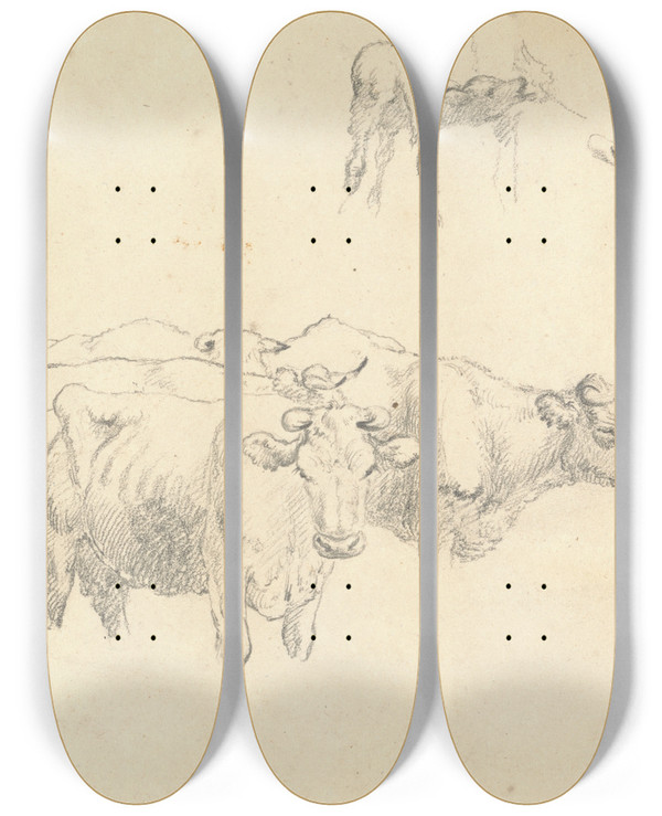 Triptych art skateboard deck of Robert Hills Study Of Cows With Calf by Robert Hills (1769-1844)