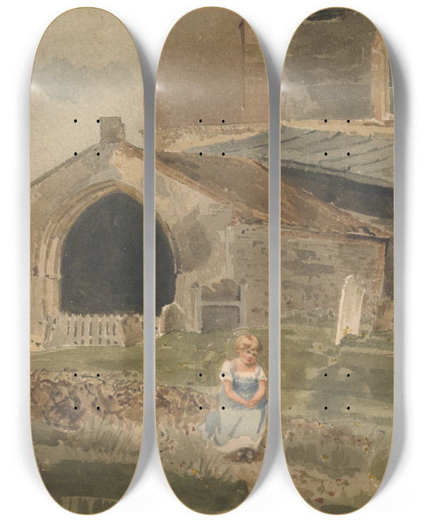 Triptych art skateboard deck of John Thirtle Young Girl Sitting On A Bank Outside A Church by John Thirtle (1777-1839)