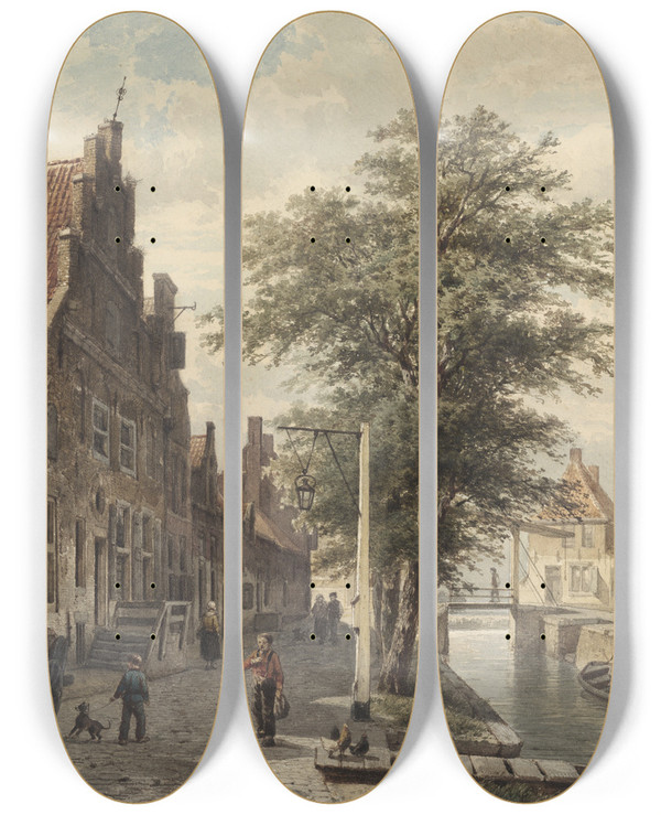 Triptych art skateboard deck of Cornelis Springer Gezicht Op De Gracht Te Hasselt_1 by Cornelis Springer (1817-1891)