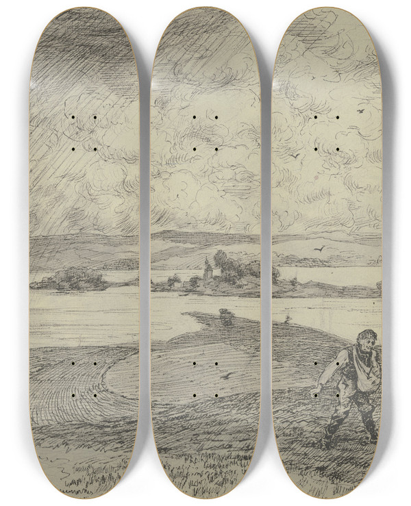 Triptych art skateboard deck of Hans Thoma Landschaft Mit Smann Im Hintergrund Ein See Mit Insel by Hans Thoma (1839-1924)