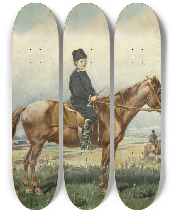 Triptych art skateboard deck of Juliusz Kossak Boy On A Pony by Juliusz Kossak (1824-1899)