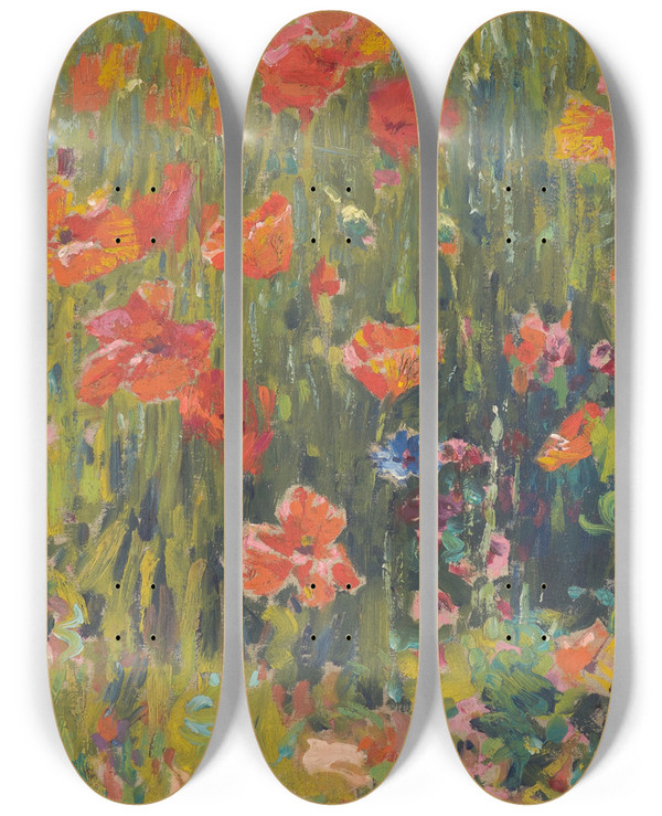 Triptych art skateboard deck of Robert William Vonnoh Poppies by Robert William Vonnoh (1858-1933)