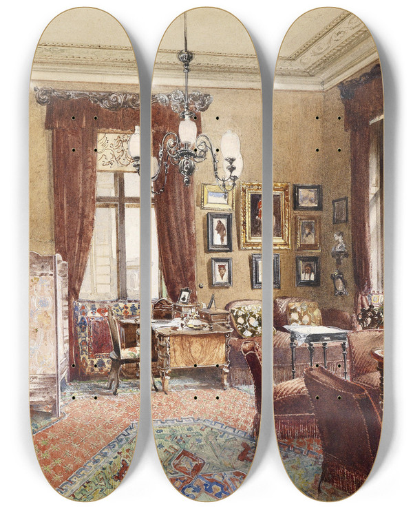 Triptych art skateboard deck of Reinhold Vlkel Saloninterieur by Reinhold Volkel (1873-1938)