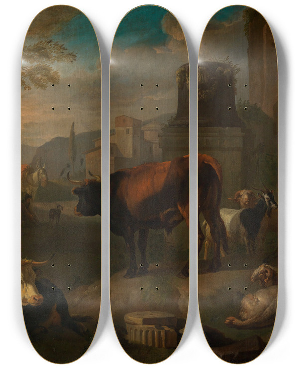 Triptych art skateboard deck of Pieter Van Bloemen Horses Cattle Sheep And Goats Among Roman Ruins by Pieter Van Bloemen (1657-1720)