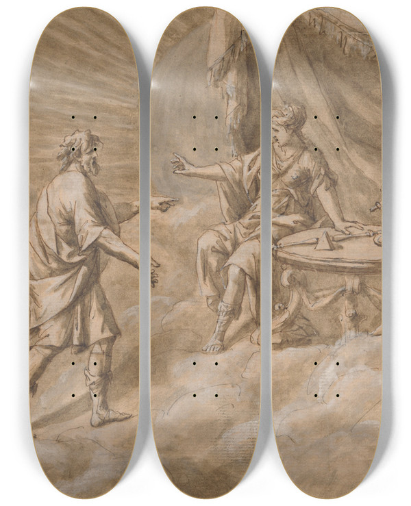 Triptych art skateboard deck of John Michael Rysbrack A Scene On Mount Olympus by John Michael Rysbrack (1694-1770)