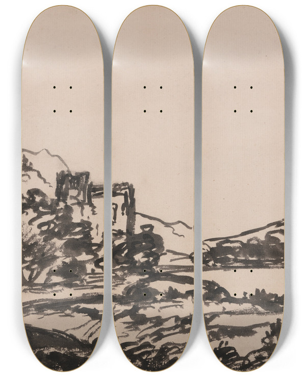 Triptych art skateboard deck of Alexander Cozens Castle In A Landscape by Alexander Cozens (1717-1786)