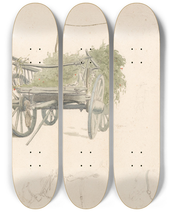 Triptych art skateboard deck of Robert Hills A Wagon With Hops And Two Sketches Of Horses by Robert Hills (1769-1844)