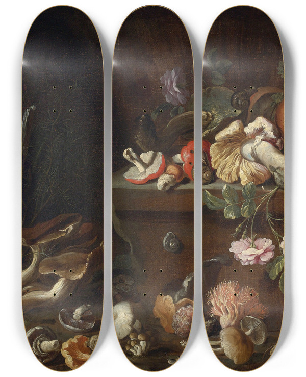 Triptych art skateboard deck of Simone Del Tintore Still Life With Mushrooms And Flowers by Simone Del Tintore (1630-1708)