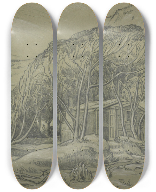 Triptych art skateboard deck of Roland Hipkins Untitled Landscape With Shed And Trees by Roland Hipkins (1894-1951)