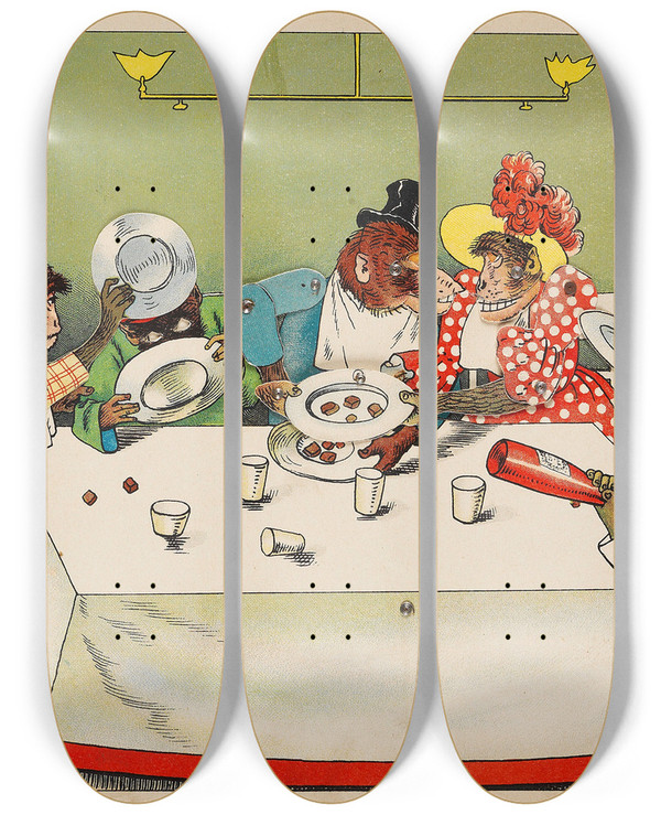 Triptych art skateboard deck of Lothar Meggendorfer The Monkey Theatre by Lothar Meggendorfer (1847-1925)