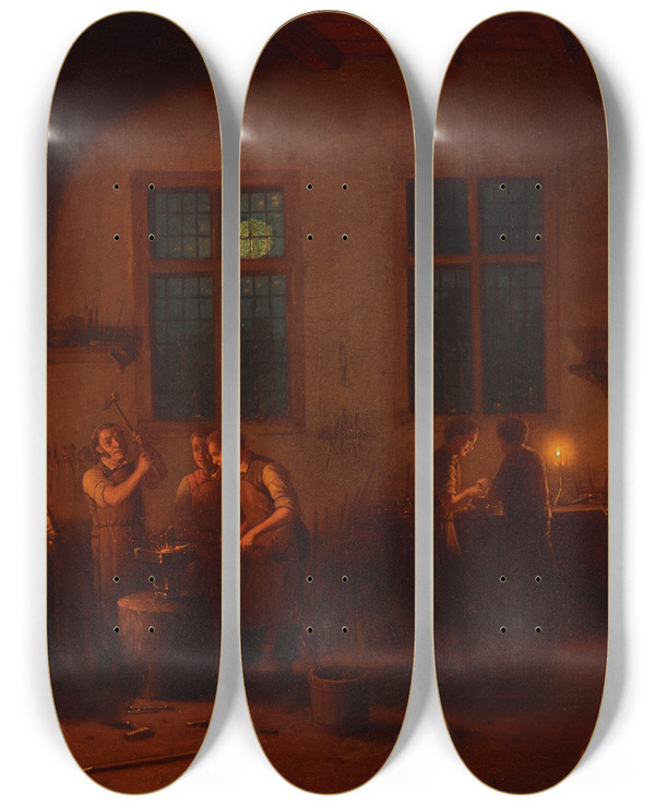 Triptych art skateboard deck of Johann Mongels Culverhouse Blacksmith Shop by Johann Mongels Culverhouse (1820-1895)