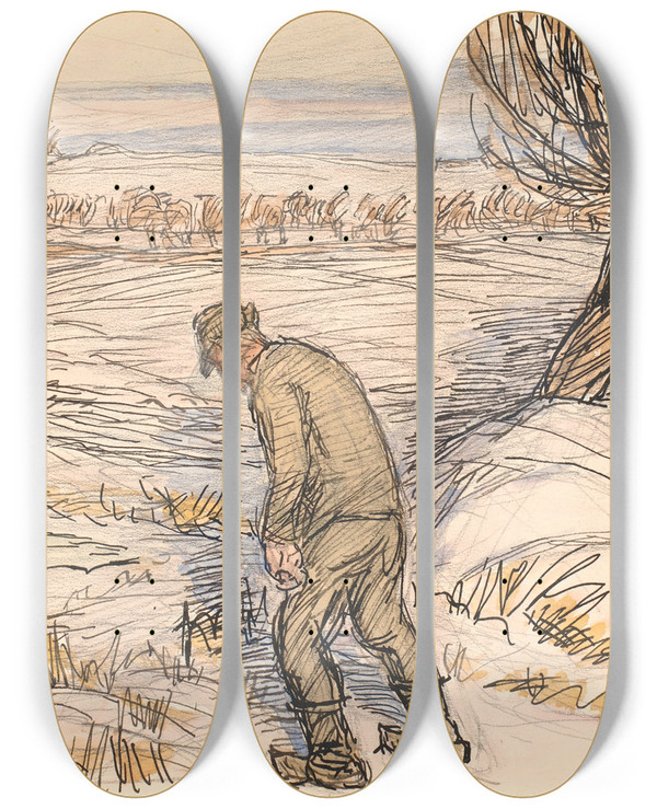 Triptych art skateboard deck of Fritz Syberg Bonden Ved Den Frosne S by Fritz Syberg (1862-1939)