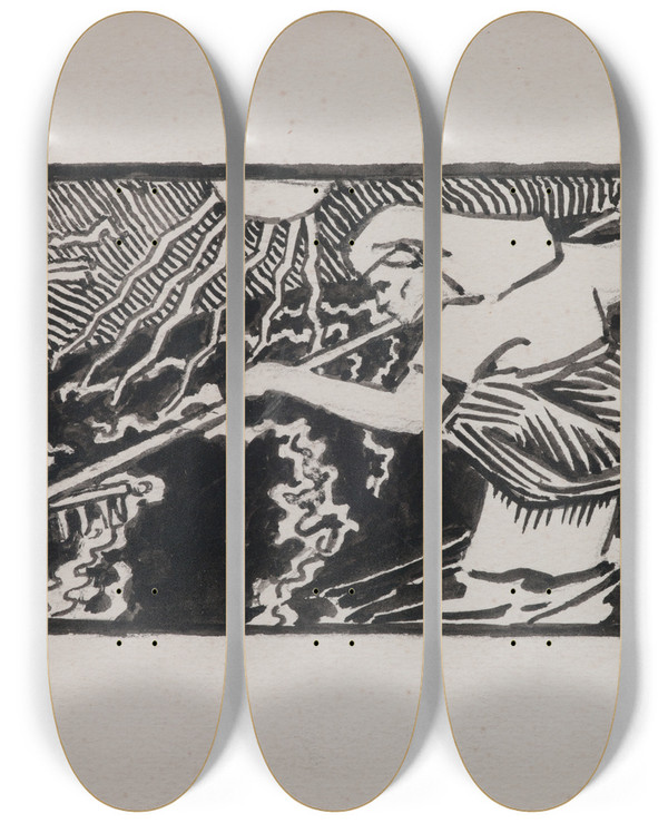 Triptych art skateboard deck of Akseli Gallenkallela Korukalevala The Illustrated Kalevala Lemminkinens Mother Drags His Son From Tuonela River by Akseli Gallen Kallela (1865-1931)