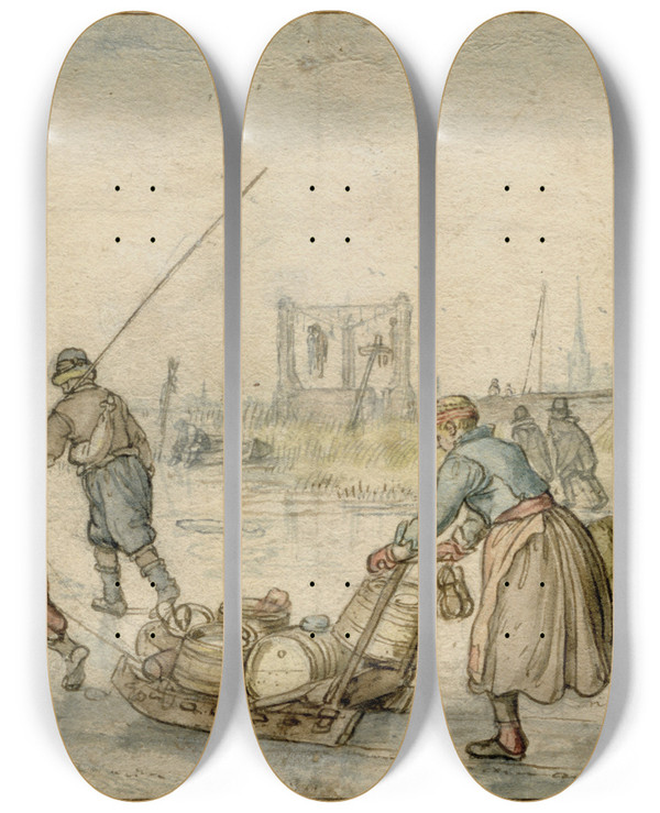 Triptych art skateboard deck of Hendrick Avercamp Winter Landscape With Two Women And A Sledge And Other Figures On The Ice A Gallows In The Distance by Hendrick Avercamp (1585-1634)