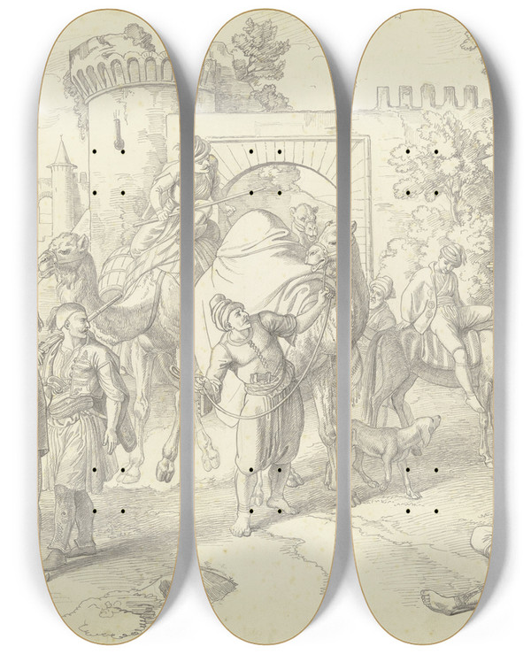 Triptych art skateboard deck of Johann Michael Wittmer Caravan At The Bridge Gate by Johann Michael Wittmer (1802-1880)