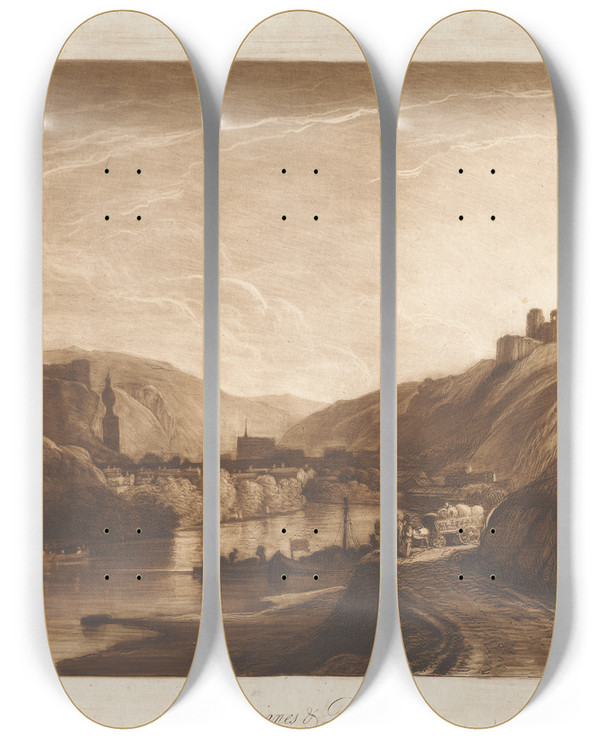 Triptych art skateboard deck of George Arnald Bouvignes And Dinant_2 by George Arnald (1763-1841)