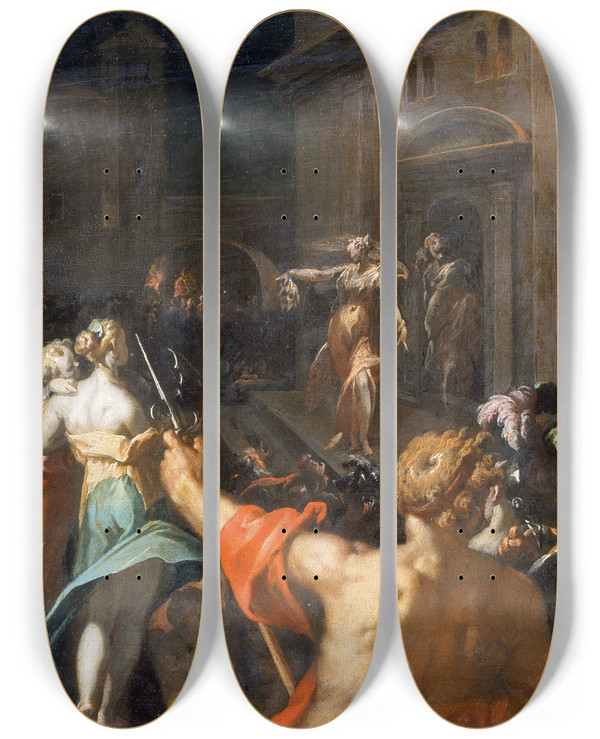 Triptych art skateboard deck of Abraham Bloemaert Judith Displays The Head Of Holofernes by Abraham Bloemaert (1564-1651)