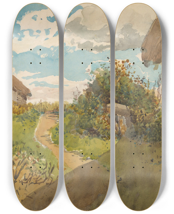 Triptych art skateboard deck of Ladislav Mednynszky Landscape Betwen Haylofts by Ladislav Mednyanszky (1852-1919)