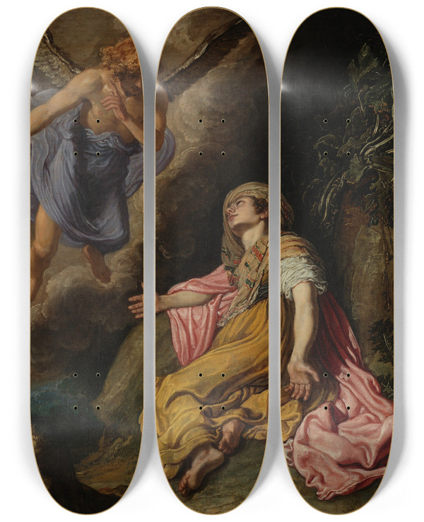 Triptych art skateboard deck of Pieter Lastman Hagar And The Angel_1 by Pieter Lastman (1583-1633)