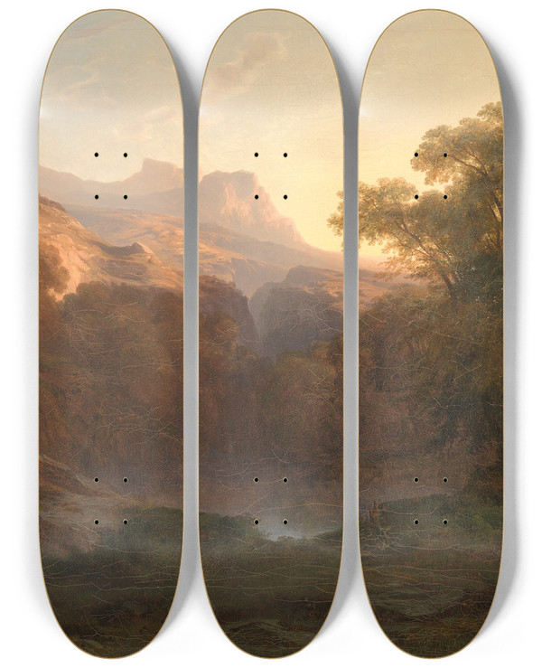 Triptych art skateboard deck of Alexandre Calame Mountain Scenery by Alexandre Calame (1810-1864)