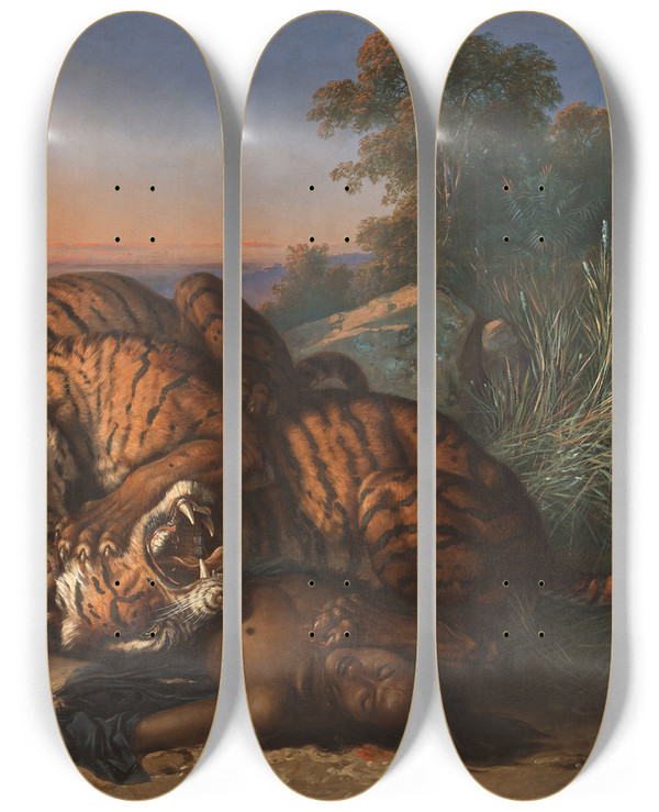 Triptych art skateboard deck of Raden Saleh Kmpfende Tiger by Raden Saleh (1811-1880)