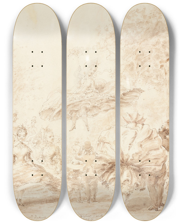 Triptych art skateboard deck of George Cruikshank Taking The Air In Hyde Park Verso by George Cruikshank (1792-1878)