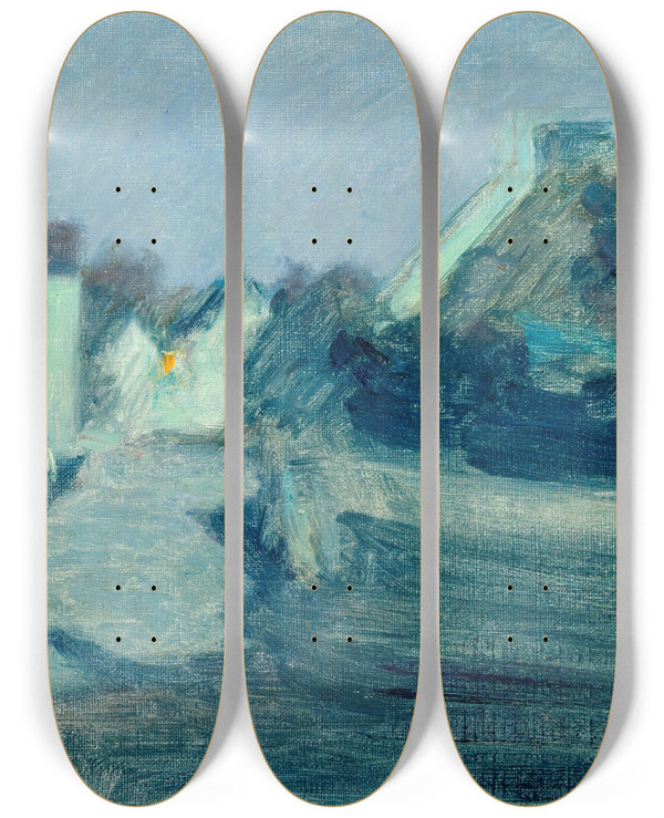 Triptych art skateboard deck of Samuel Hirszenberg Village Lane In The Moonshine by Samuel Hirszenberg (1865-1908)