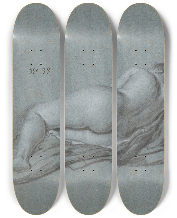 Triptych art skateboard deck of Ferdinand Bol Reclining Female Nude by Ferdinand Bol (1616-1680)