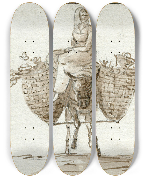 Triptych art skateboard deck of Otto Howen Vrouw Op Een Ezel Herder Met Schaap by Otto Howen (1774-1848)