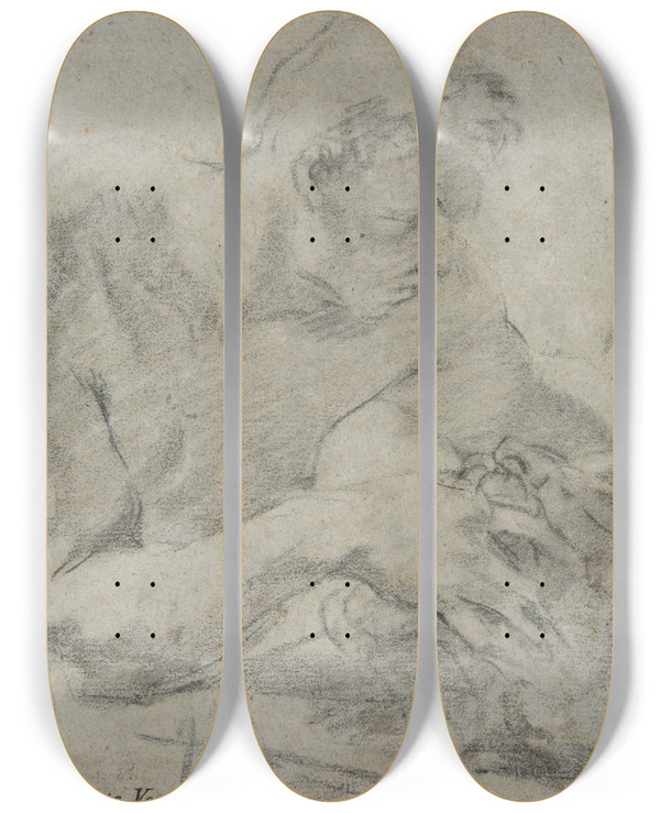 Triptych art skateboard deck of Giovanni Battista Piazzetta David With The Head Of Goliath by Giovanni Battista Piazzetta (1682-1754)