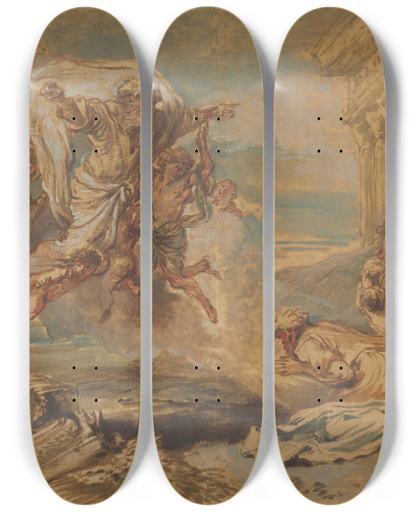 Triptych art skateboard deck of Giovanni Benedetto Castiglione God The Father Appearing To Jacob by Giovanni Benedetto Castiglione (1609-1664)