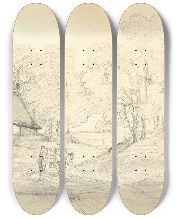 Triptych art skateboard deck of Jeanbaptistecamille Corot Chaumire Dans Un Paysage Arbor Avec Un Homme Dans Une Charrette by Jean-Baptiste-Camille Corot (1796-1875)