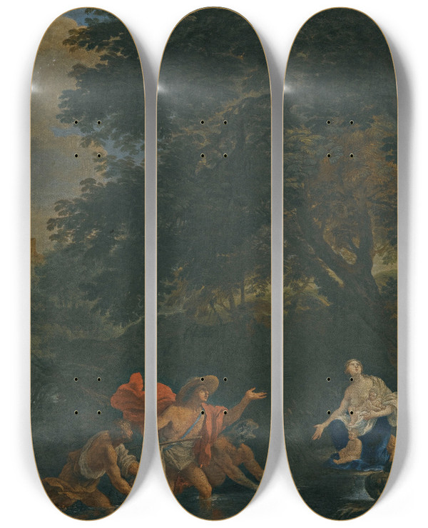 Triptych art skateboard deck of Filippo Lauri Latona And The Lycians by Filippo Lauri (1623-1694)